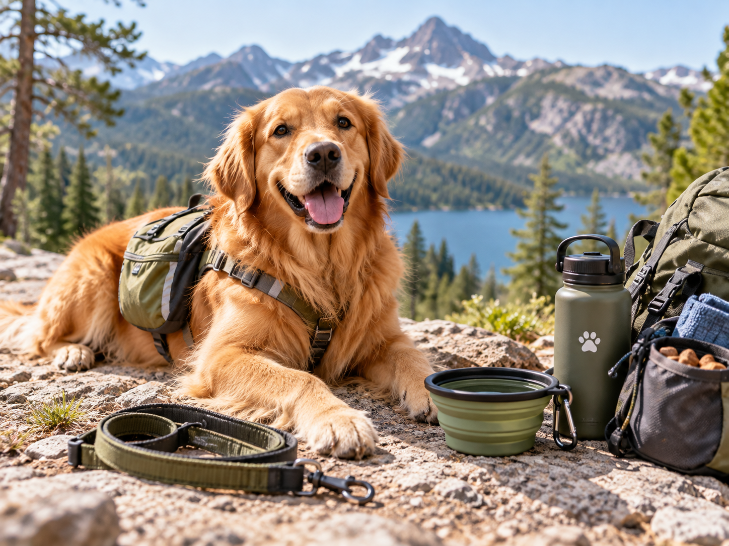 Dog with a backpack on a mountain trail