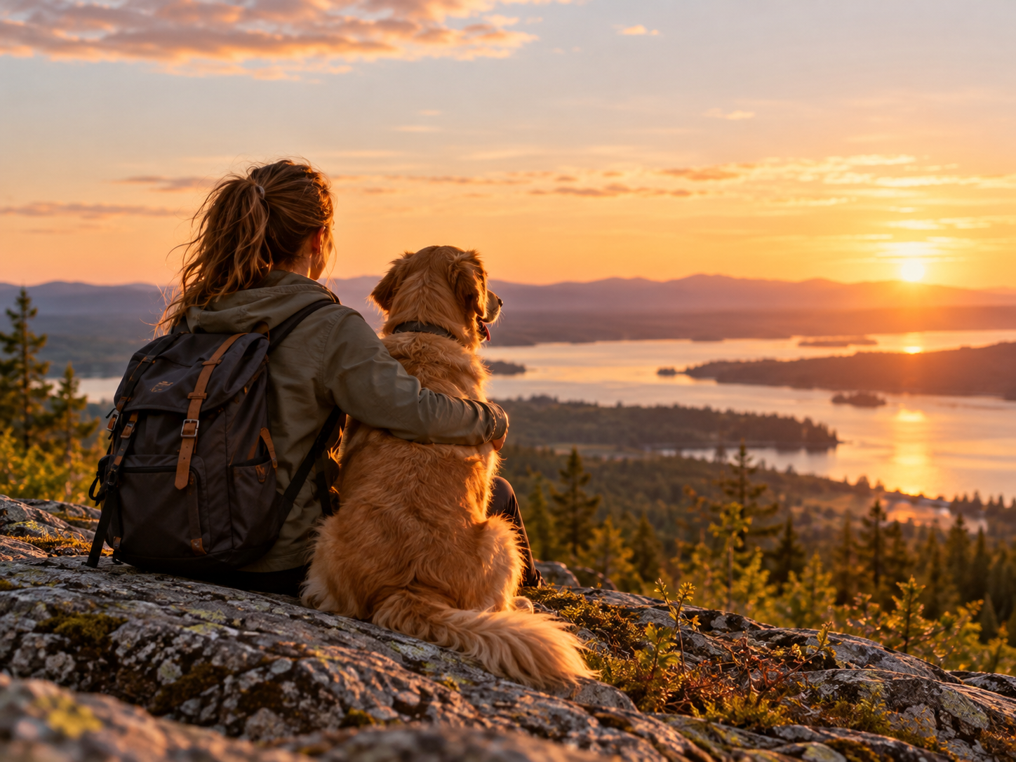 Person and dog watching the sunset
