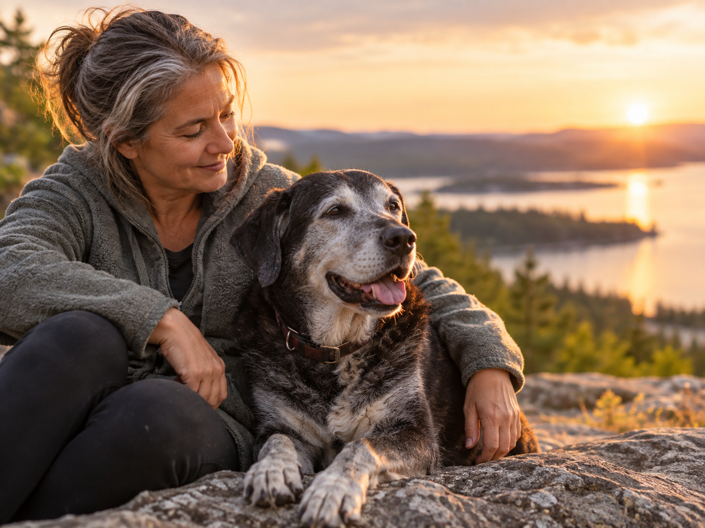 Person and senior dog at sunset