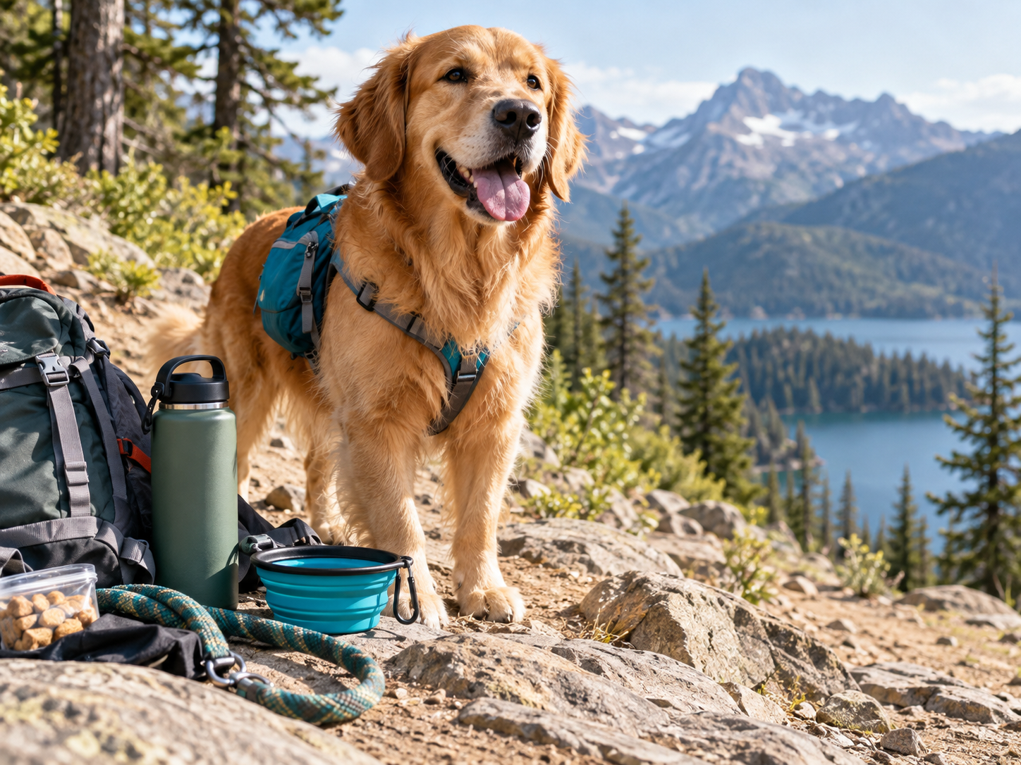 Dog with a backpack in the mountains