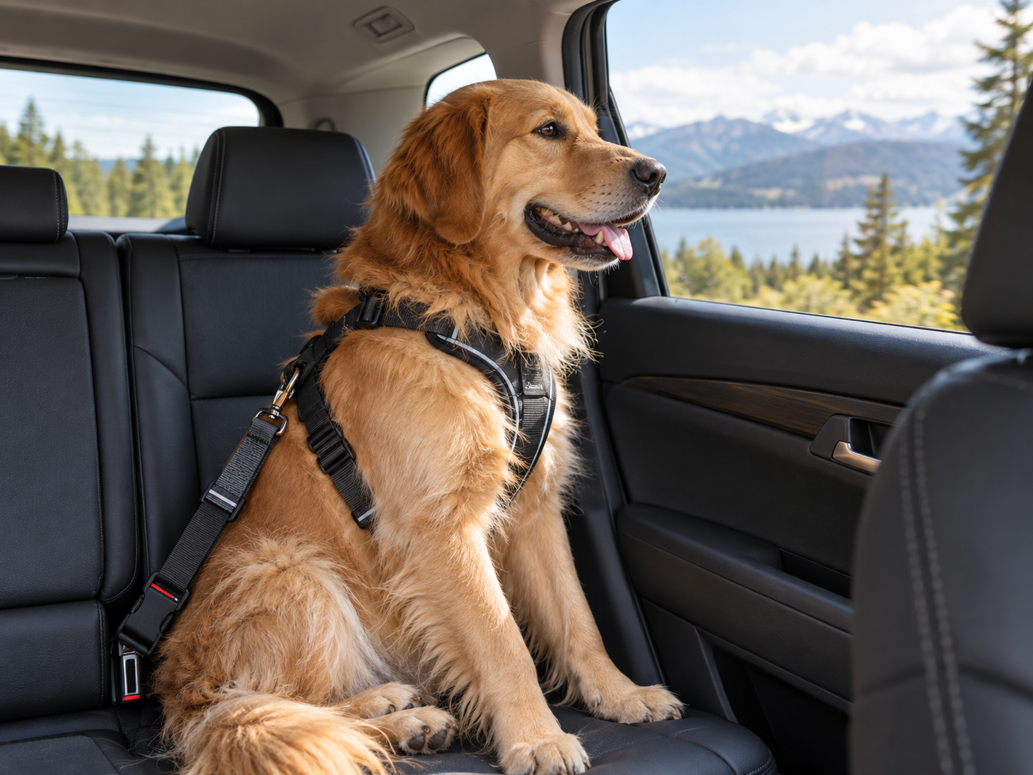 Dog wearing goggles in a car