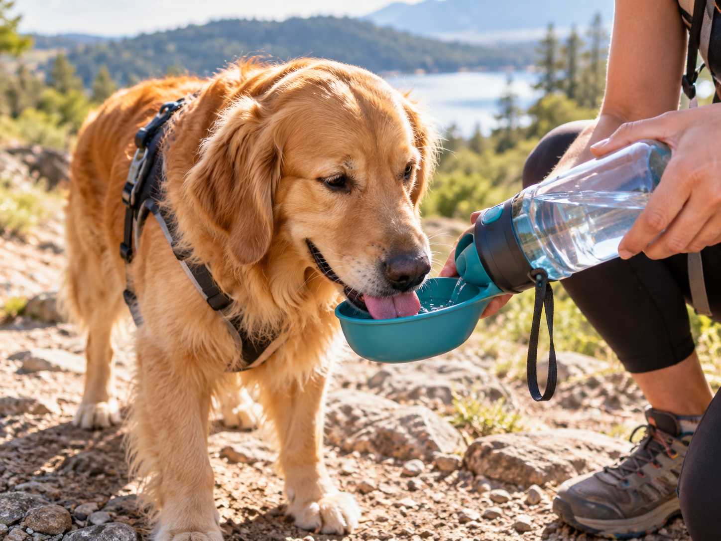 Dog drinking from a travel water bottle