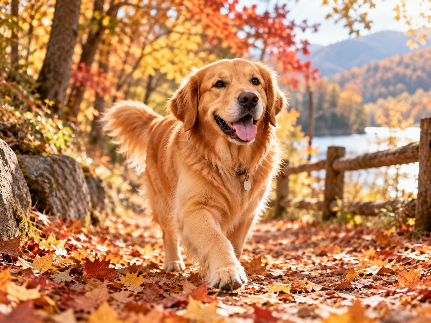 Dog in autumn leaves wearing a scarf