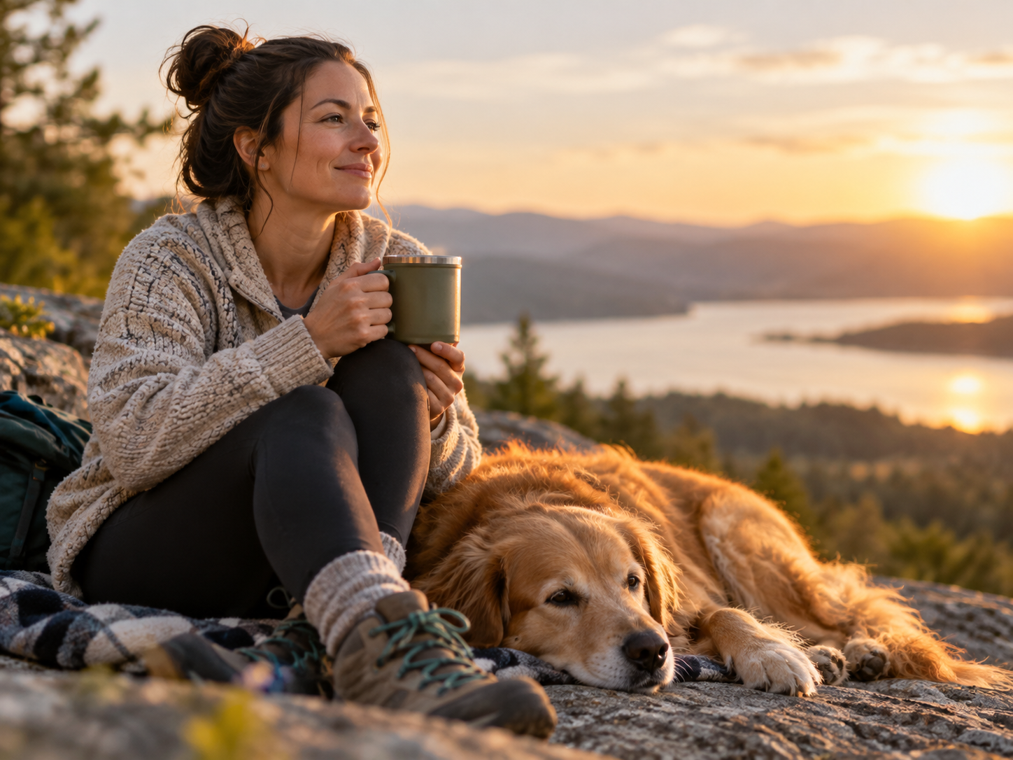 Hiker resting with her dog