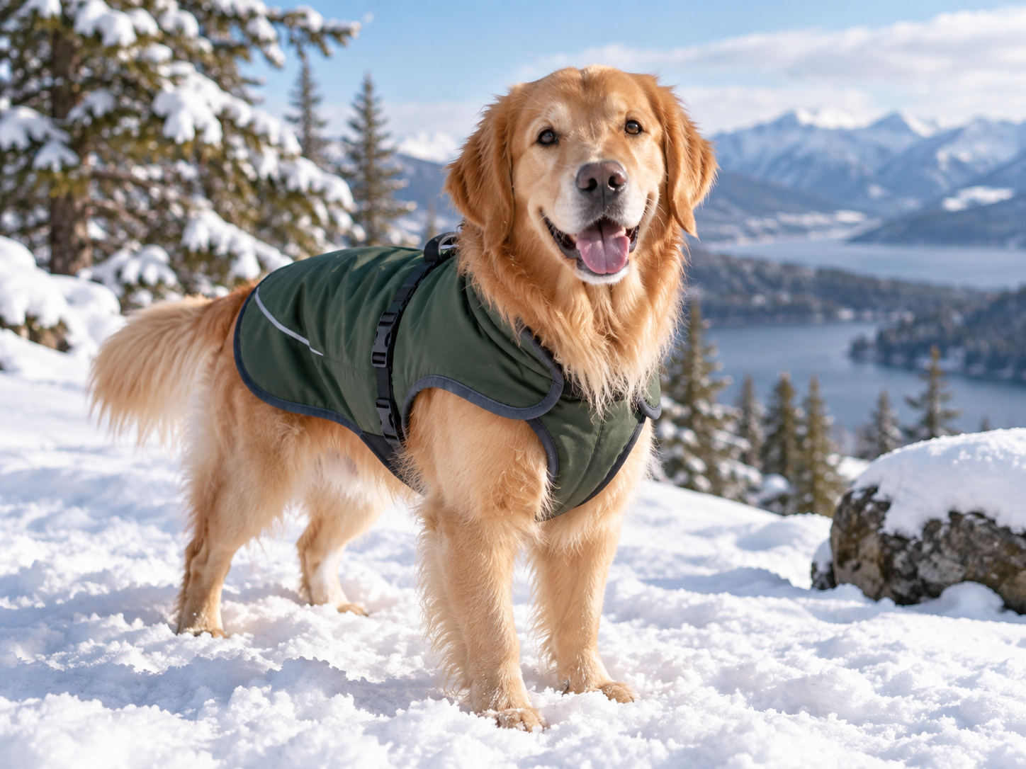 Dog in a warm coat in the snow