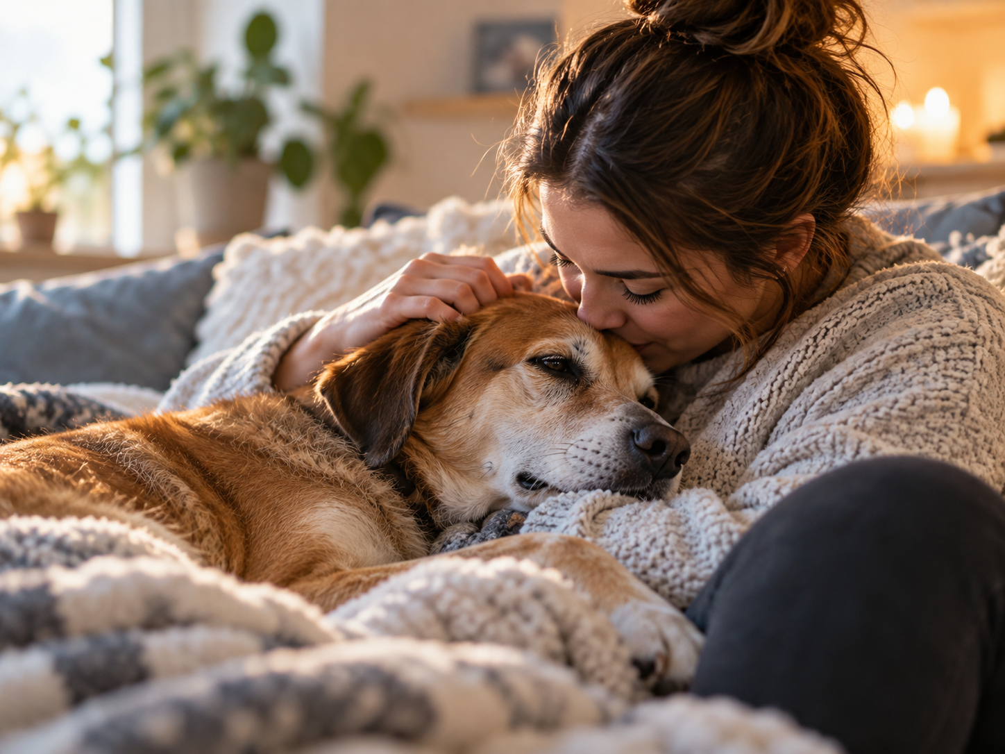 Woman sitting with her dog at sunset