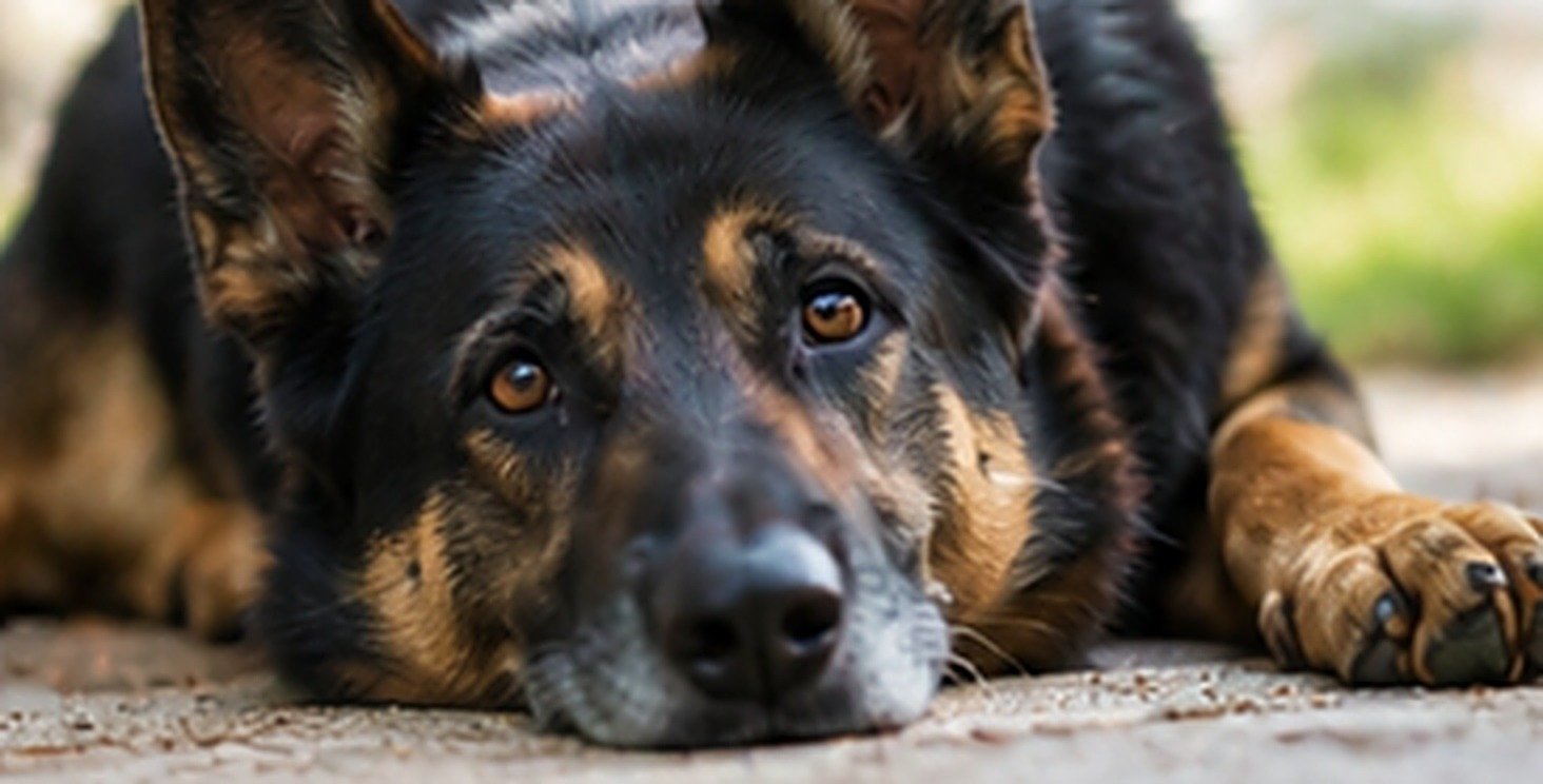 German Shepherd resting on the ground