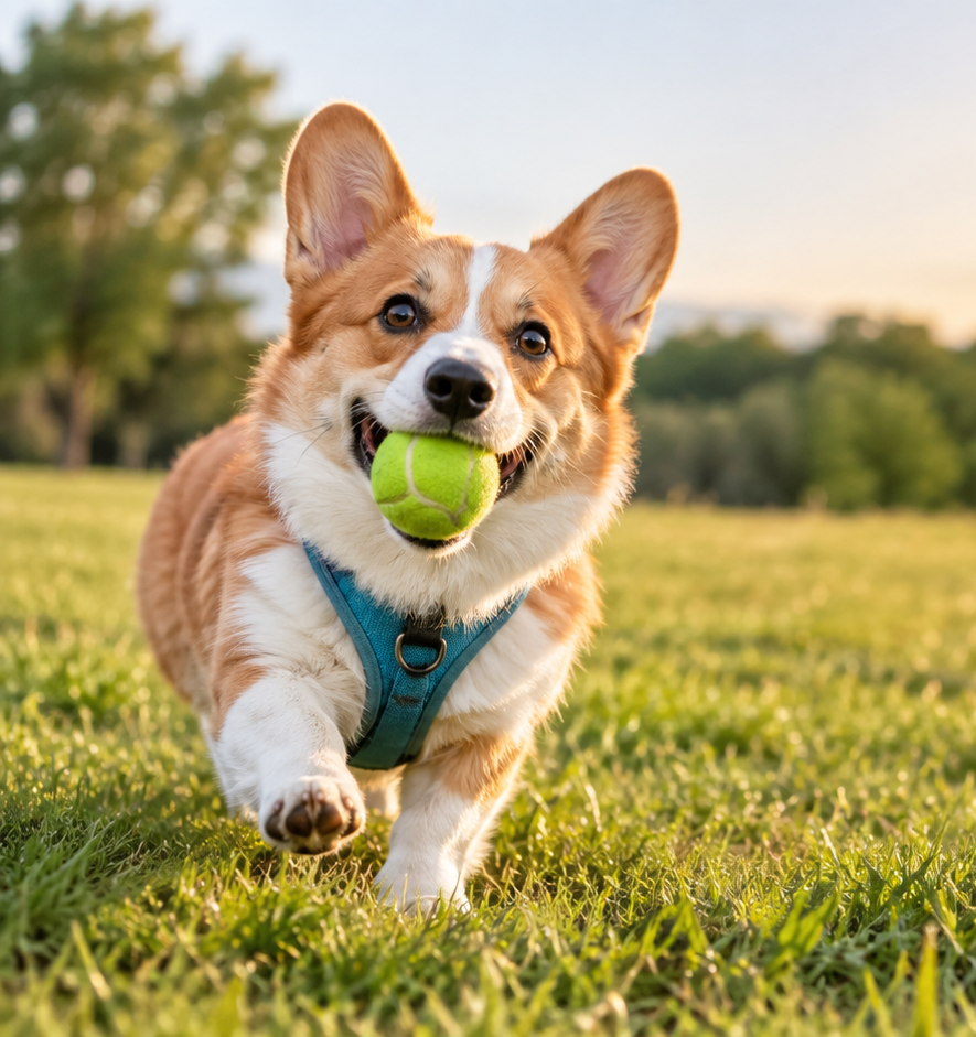 Happy corgi running with a tennis ball